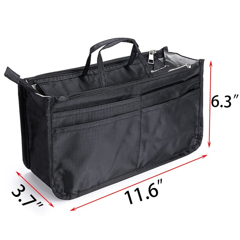 BTSKY Printing Handbag Organizers Inside Purse Insert - High Capacity 13 Pockets Bag Tote Organizer with Handle (Black) - Image 4